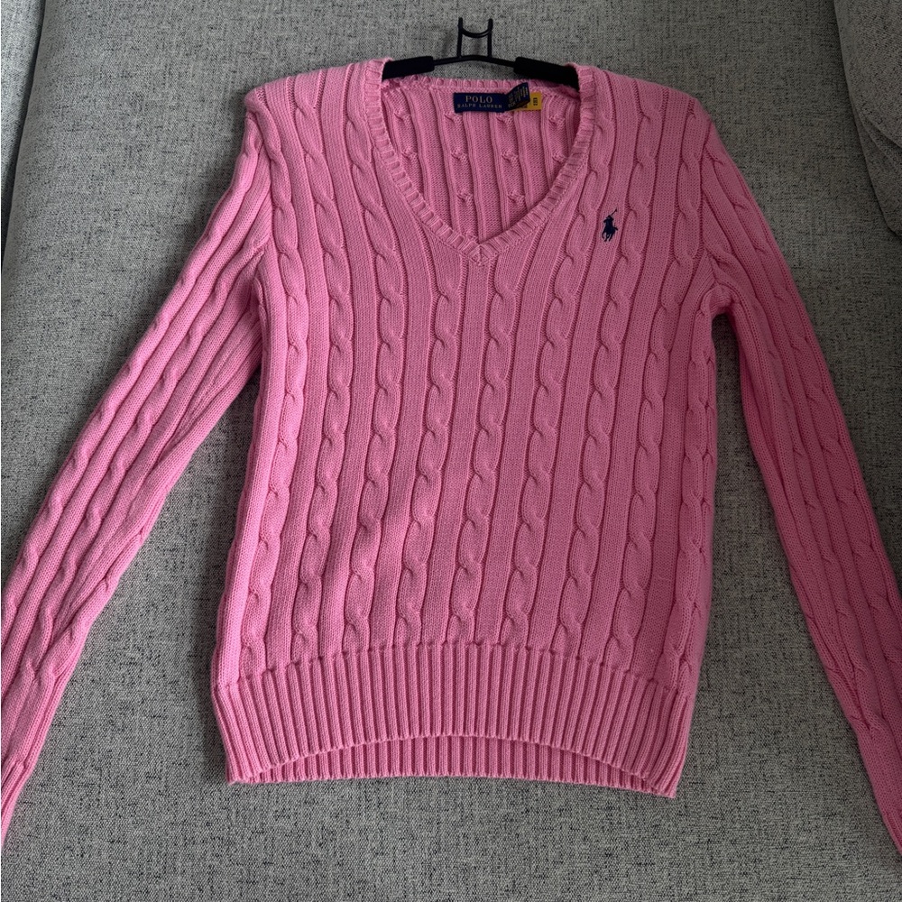 Ralph Lauren Pink Cable Knit V-Neck Sweater with Navy Pony